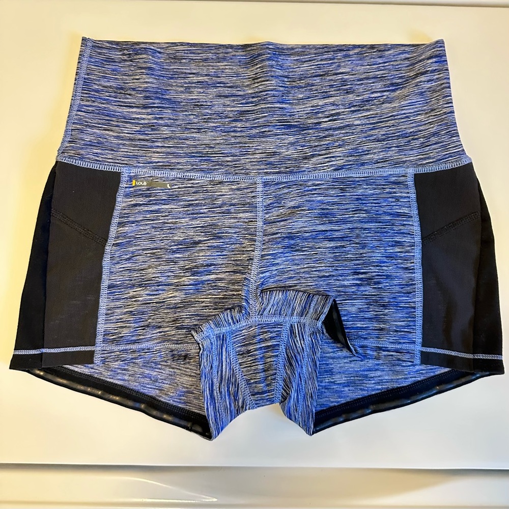 Lole High Waist Gym Bike Yoga Running Shorts S Blue Black Compression Athletic